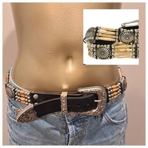 Catus Mountain Western CMTEA Four Strand Beaded Bone Black Leather Belt